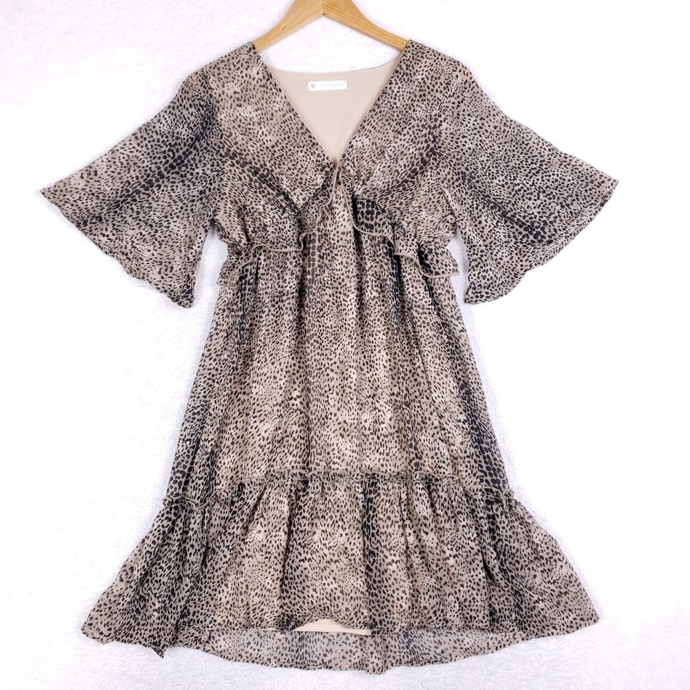 FSL+ apparel Cheetah Print V-Neck Ruffle Mini‎ Dress Small Tan Black SD6321 USA